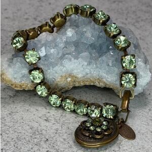 Liz Palacios antique brass locket bracelet green Swarovski rhinestone